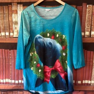 Manatee Sea Cow Holiday Christmas wreath shirt with rhinestones‎ Medium